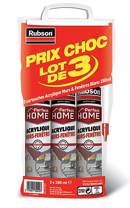 Lot de 3 Mastic Rubson Maison Acrylique Murs-Fenêtres blanc cartouche 280ml