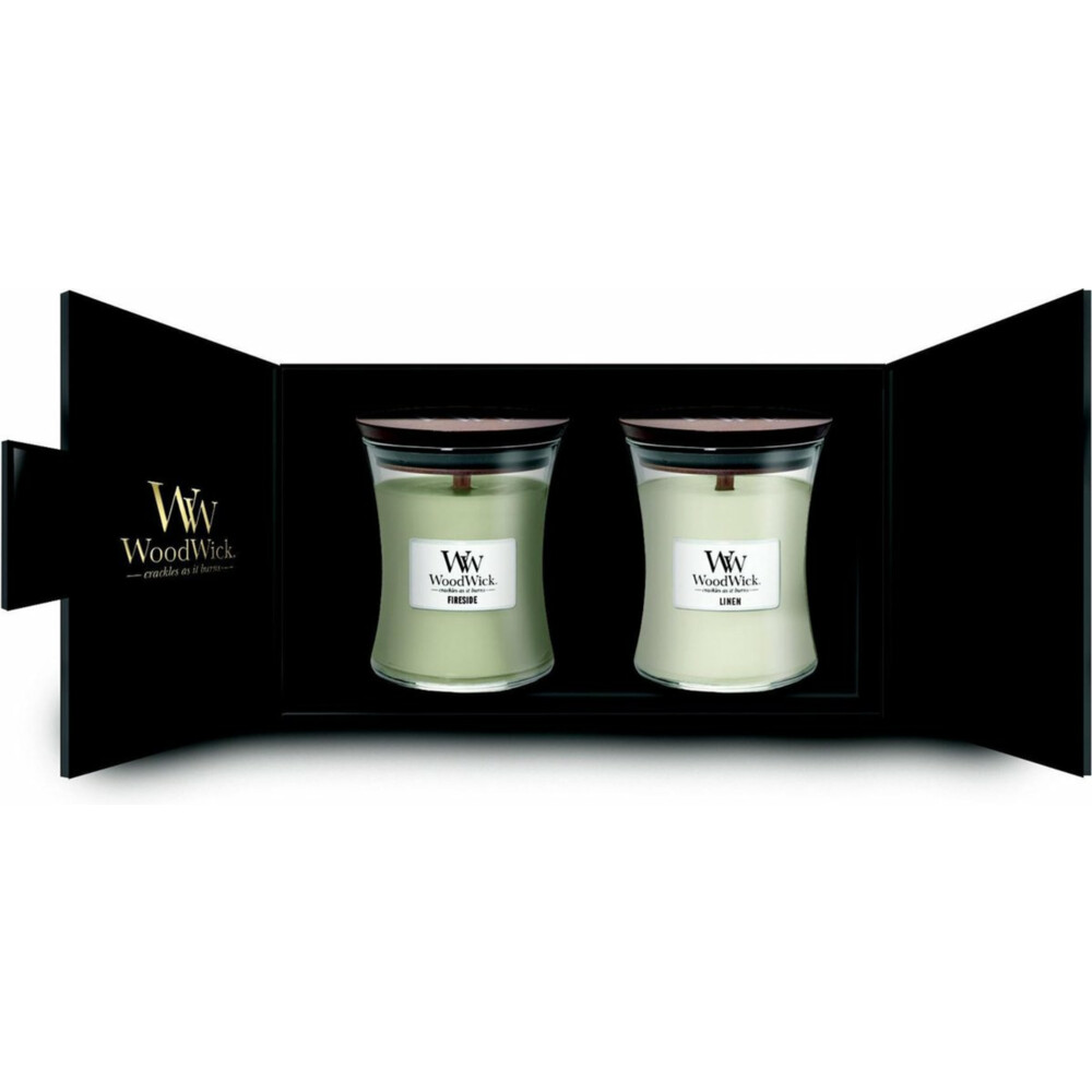 WoodWick Geurkaars Deluxe Geschenkset Medium Fireside en Linen2 x 275 gr