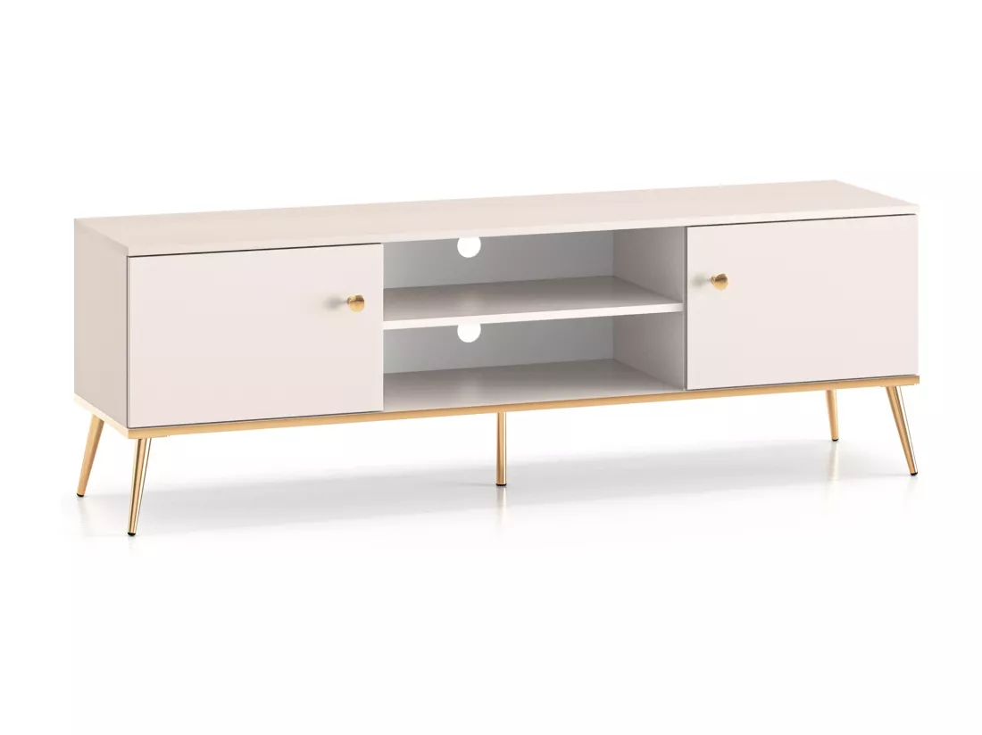 Meuble TV à deux portes - 160 cm - avec pieds dorés - grège - SELGIN