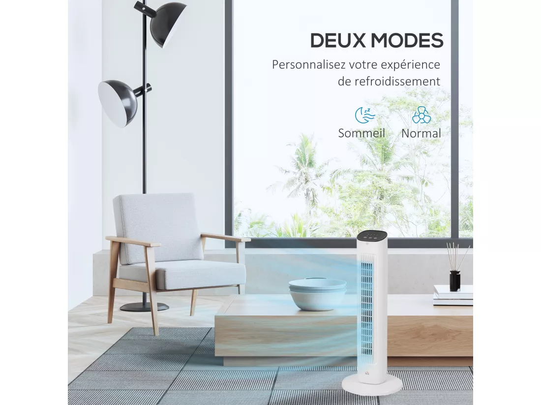 Ventilateur colonne oscillant 50W avec télécommande - 3 vitesses, timer, affichage LED - blanc