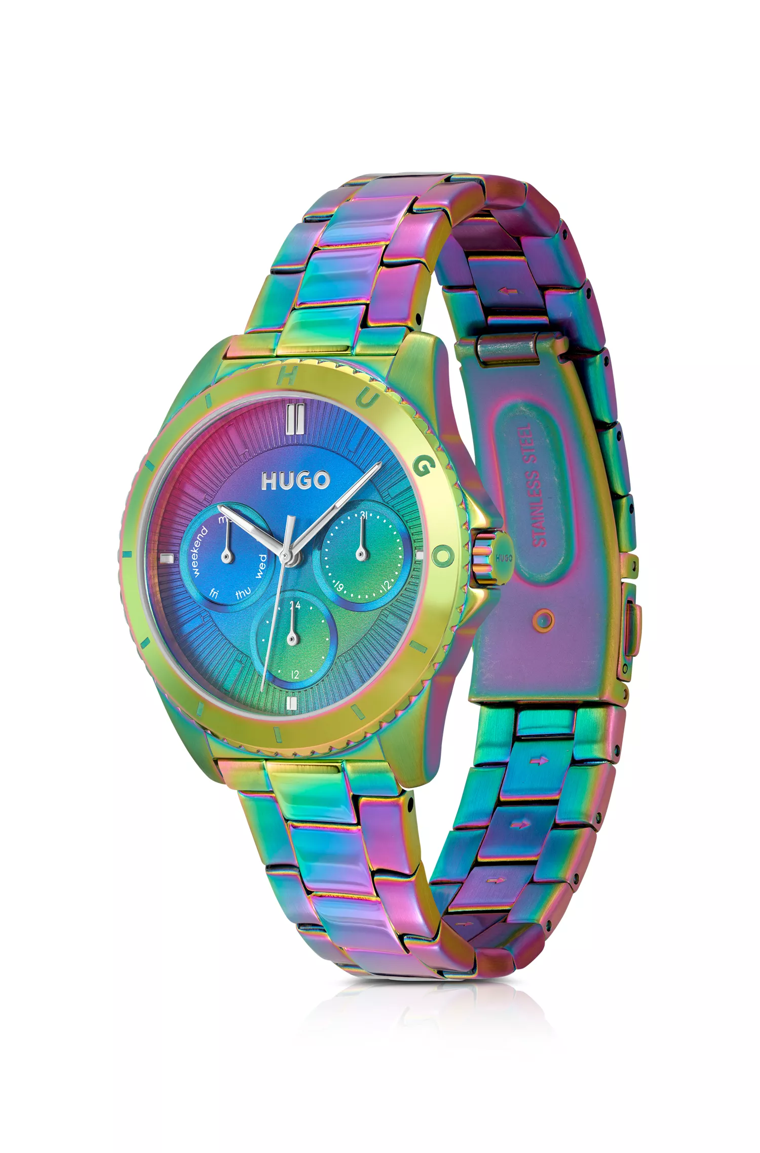 Relógio HUGO com pulseira de elos vermelhos em aço com efeito arco-íris.