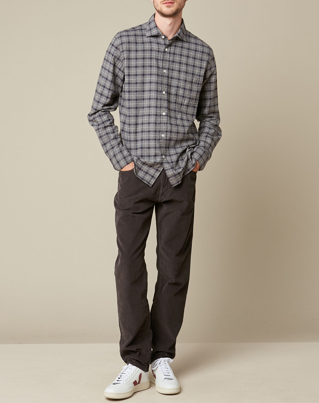 Hartford Chemise Regular en Flanelle de Coton Paul gris/marine