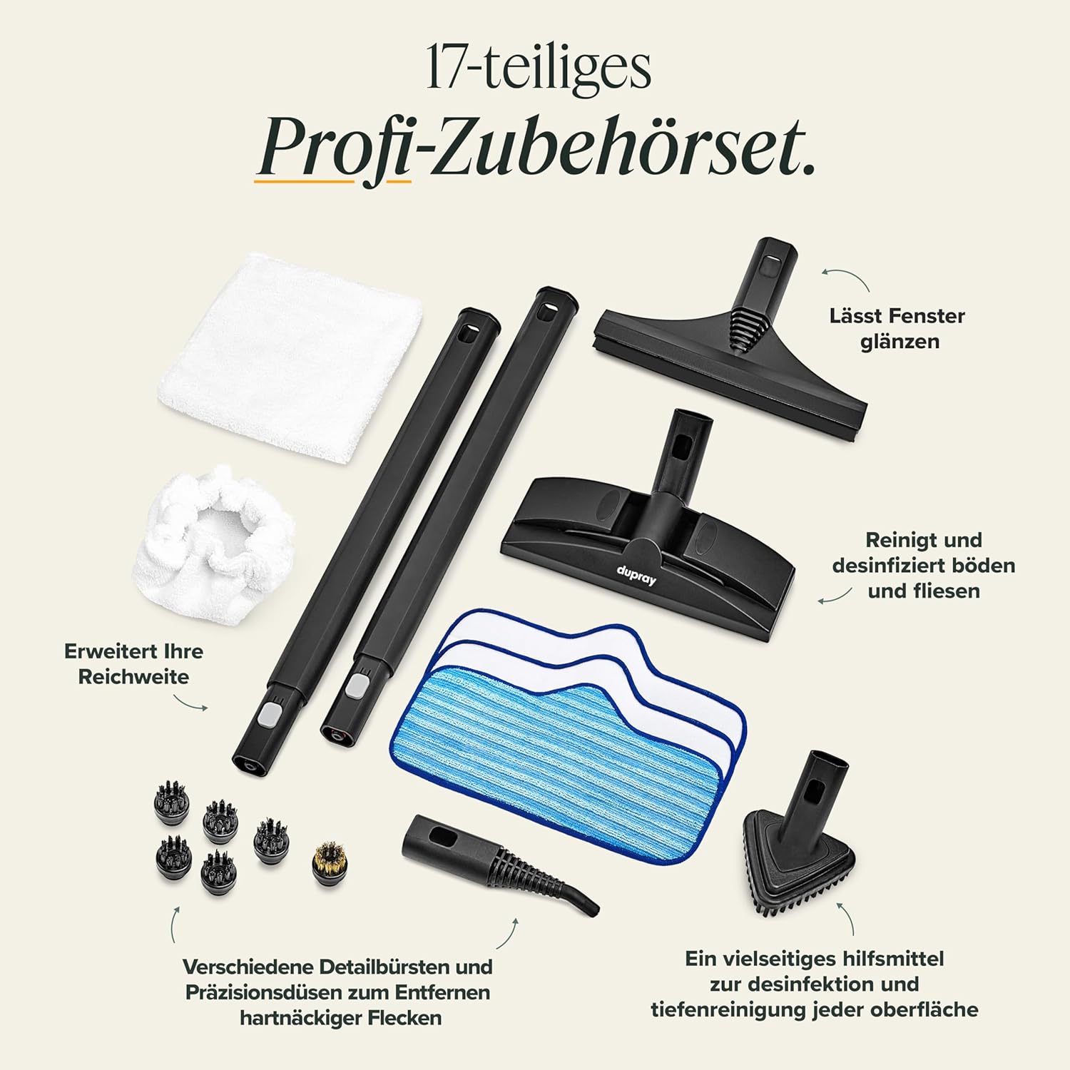 Dupray Neat Dampfreiniger – leistungsstarker Multifunktions-Dampfreiniger für Haus, Böden, Fliesen, Fugen, Möbel, Matratzen, Fenster, Autos & mehr (Neat + 17 Zubehörteile)