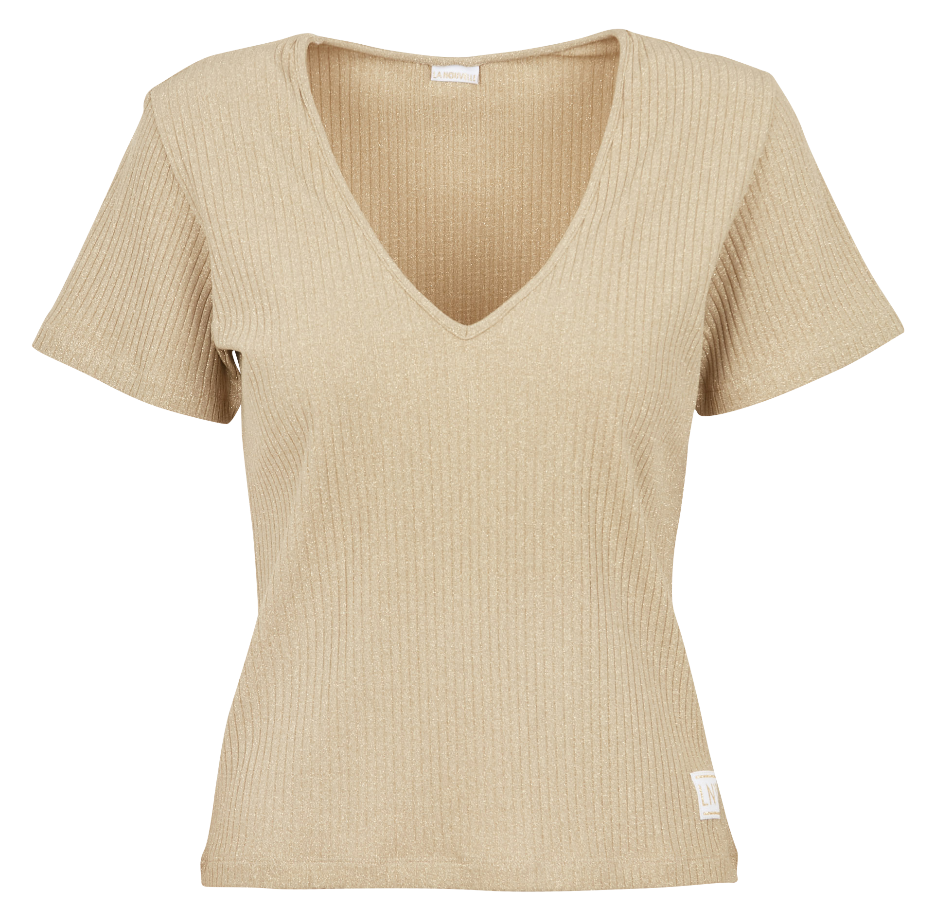 ROXANE - Top col V côtelé à fils métallisés | Beige