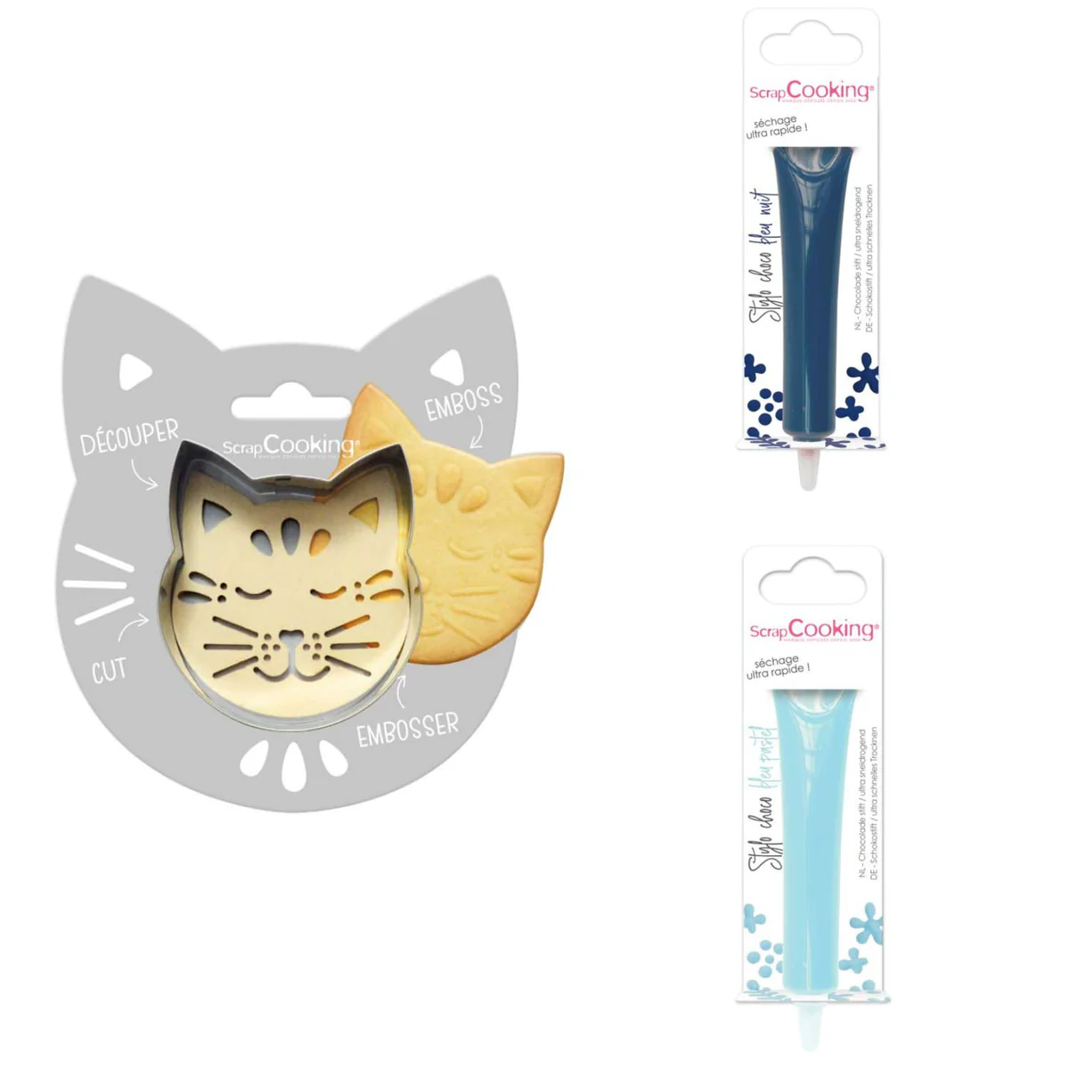 Kit pour biscuit en relief Chat + 2 Stylos au chocolat bleu nuit et bl