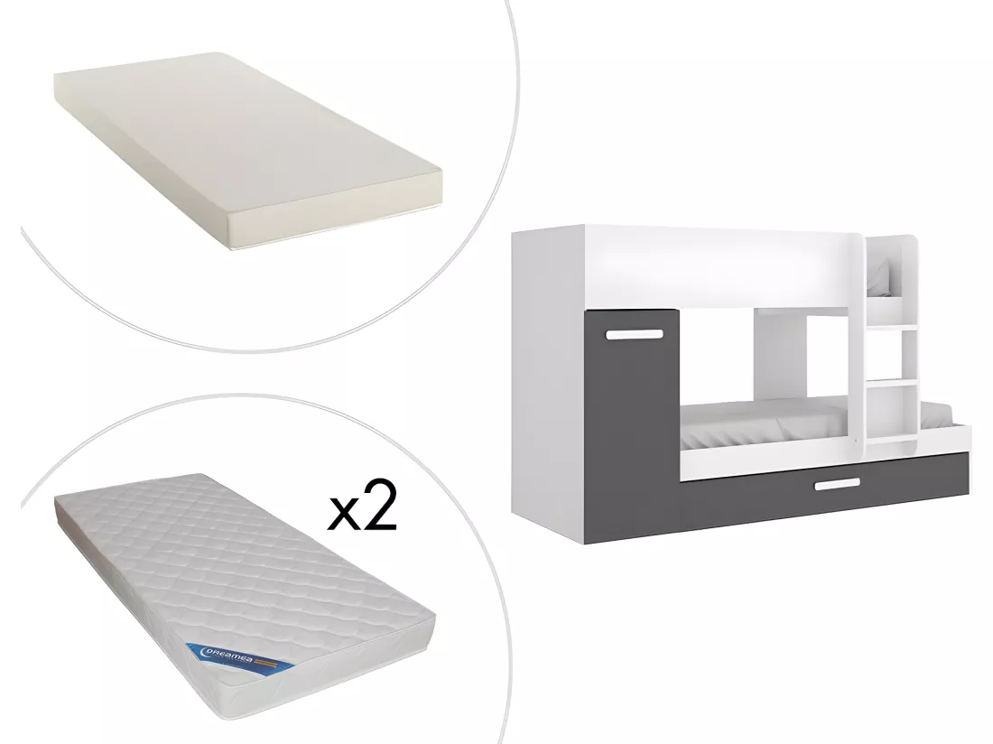 Lits superposés avec tiroir lit gigogne et rangements 3 x 90 x 190 cm - Anthracite et Blanc + matelas - ANTHONY
