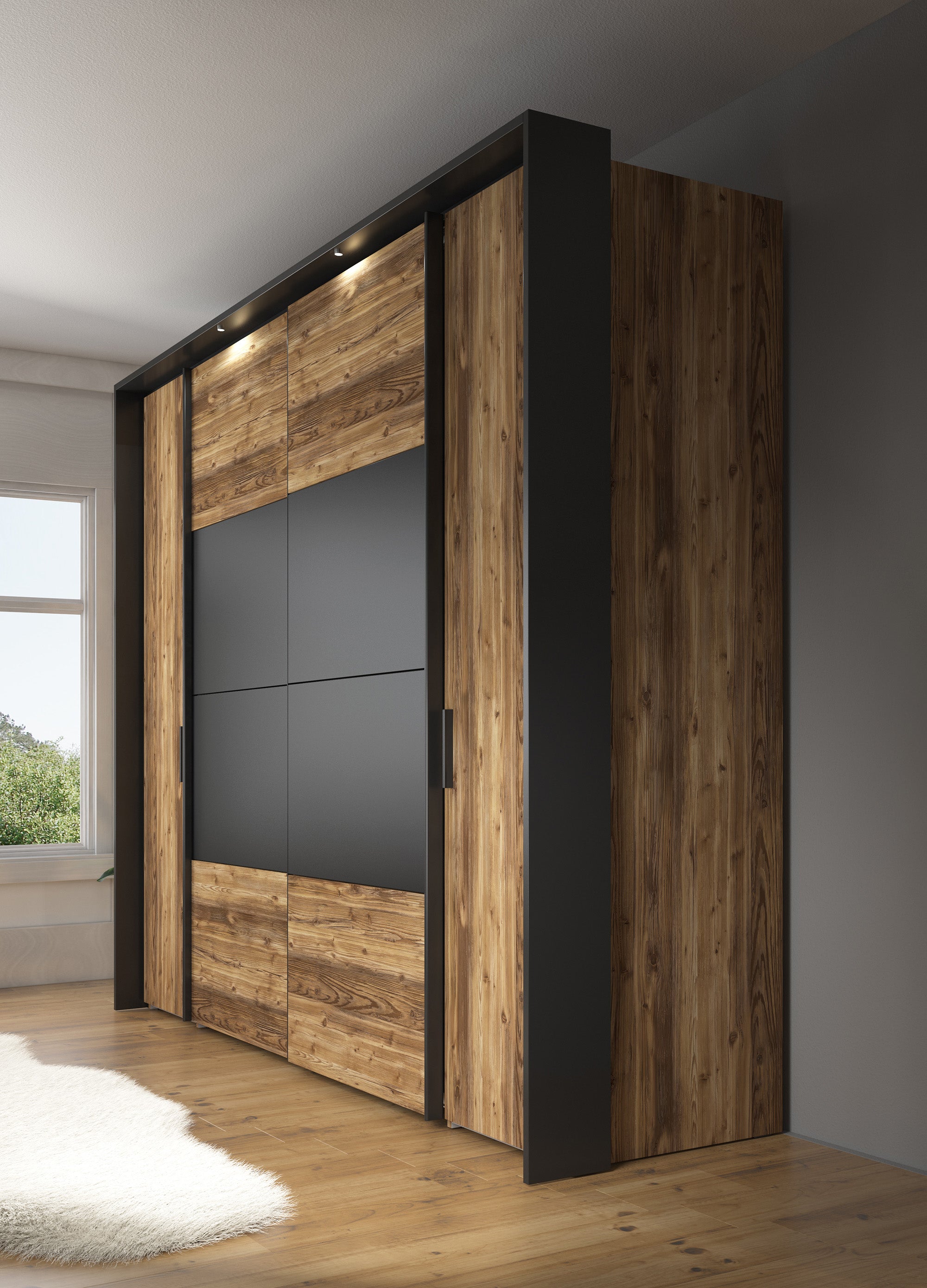 Jacob - Kledingkast met schuifdeuren - Zwart/eiken - 280x67x214 cm