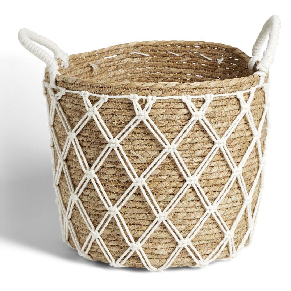 Panière en jacinthe tressée et fil coton blanc Ø32xH26cm