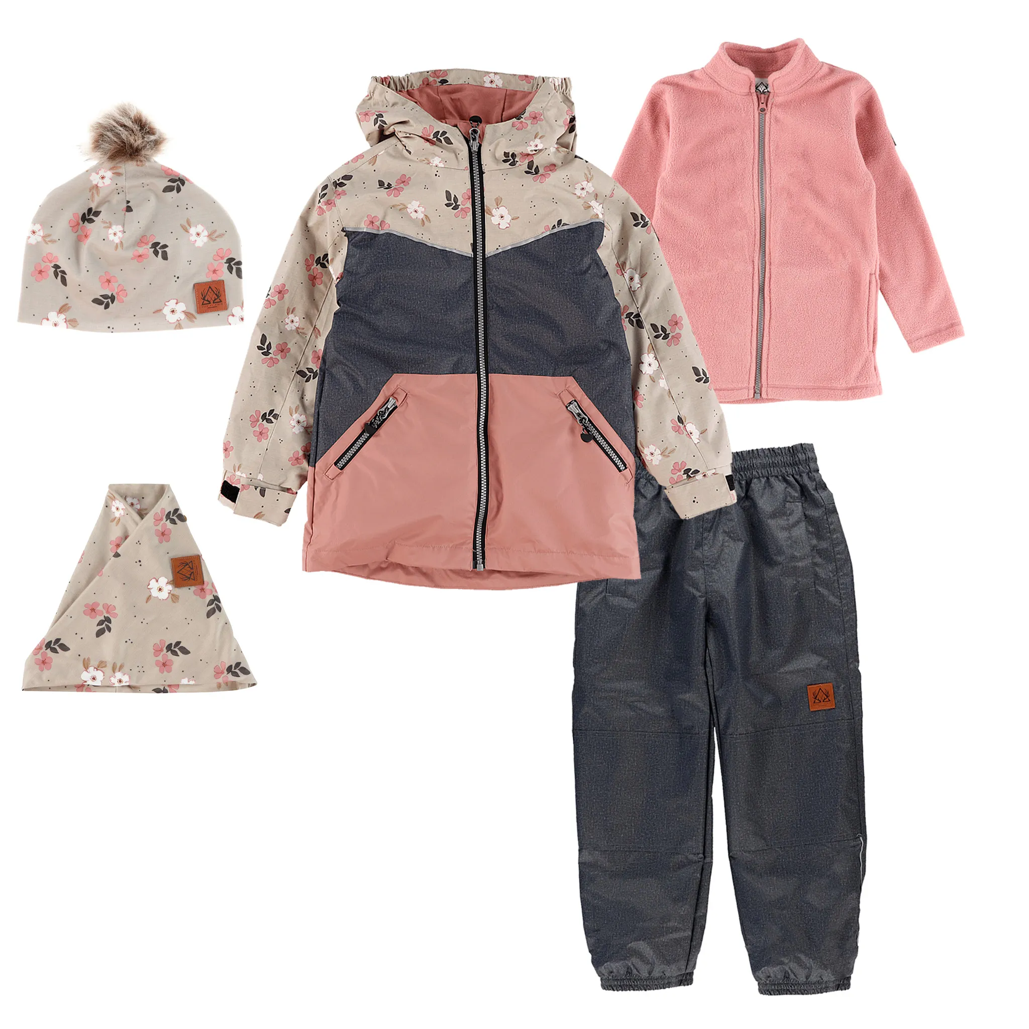 Deer Mountain Ensemble Extérieur 3-en-1 Fleurs 7-12ans + Tuque + Cache-cou