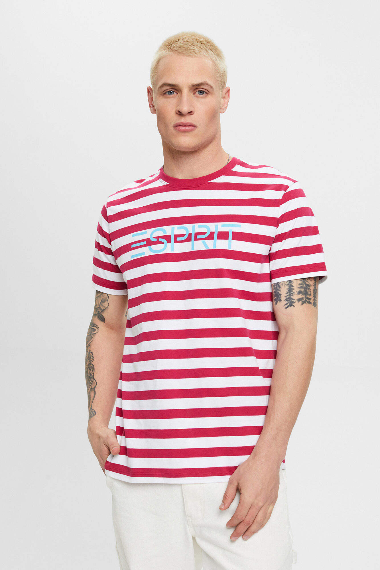 Camiseta listrada com logo, algodão orgânico - Estampa vermelha