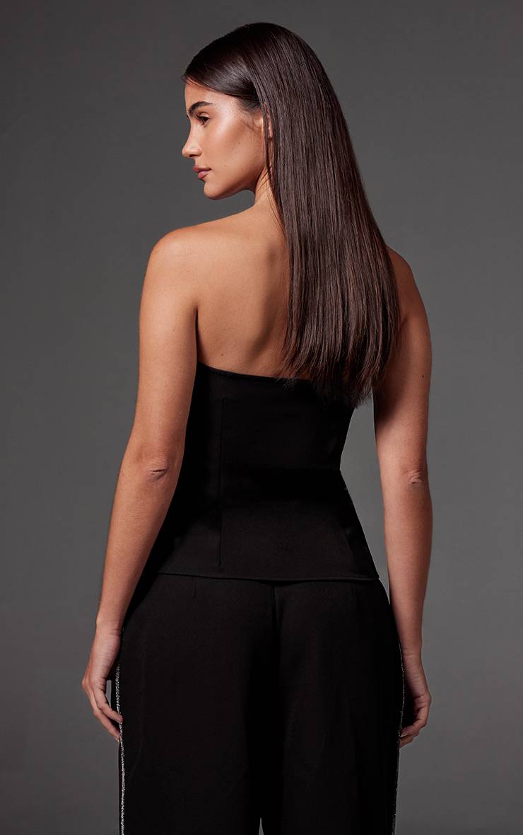 Noir Top Bandeau Ajusté En Tissu Tissé Avec Ornements De Strass