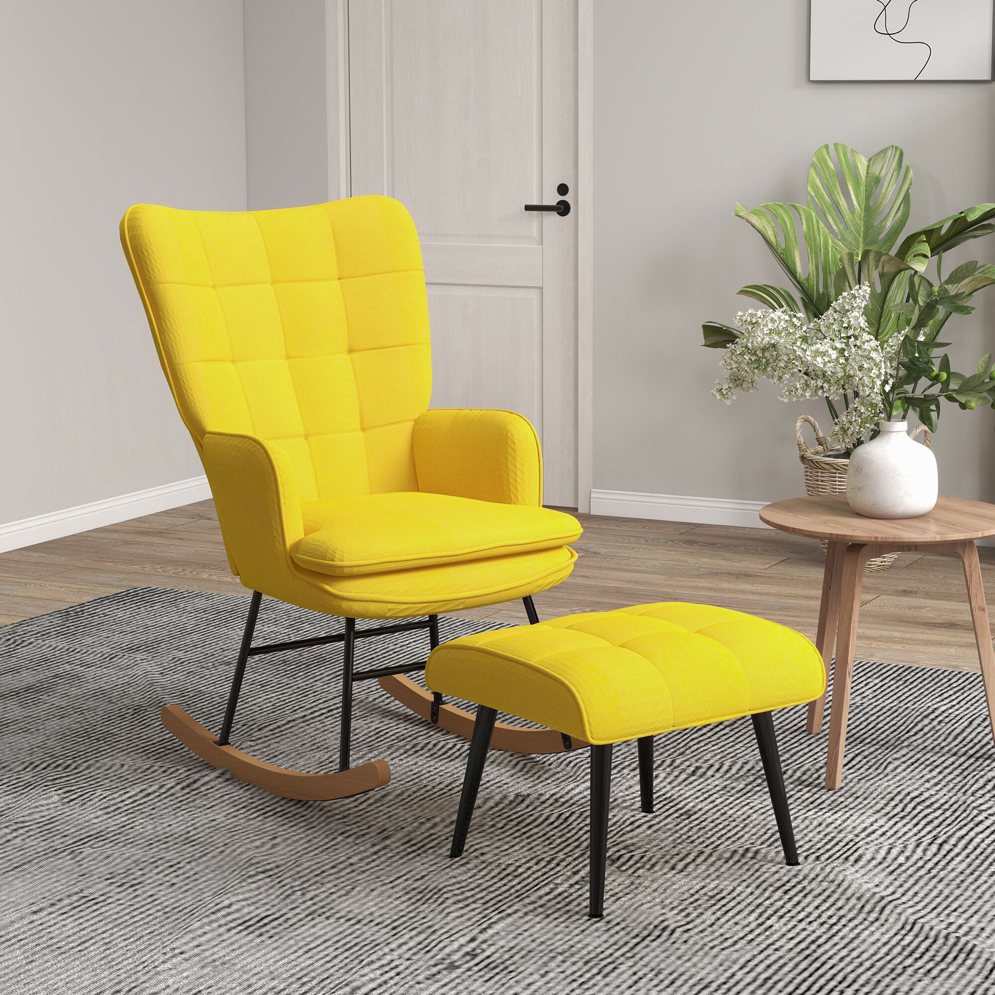 HOMCOM Schaukelstuhl mit Hocker und hoher Rückenlehne gelb 64L x 89B x 90H cm