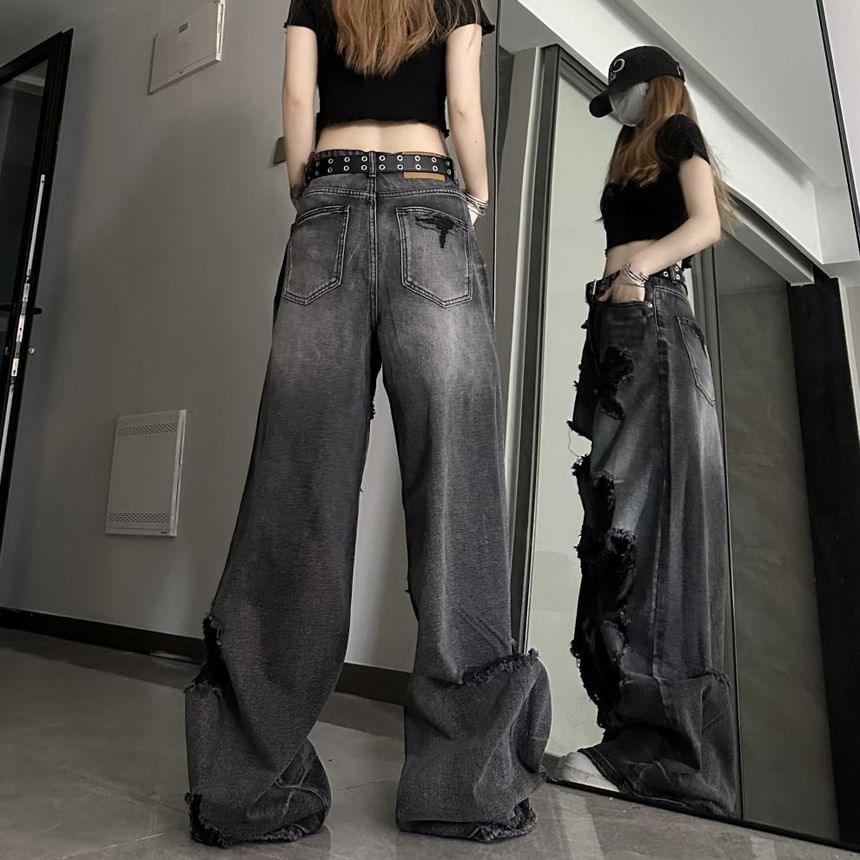 Chisan - Mid Rise Washed Ripped Wide Leg Jeans