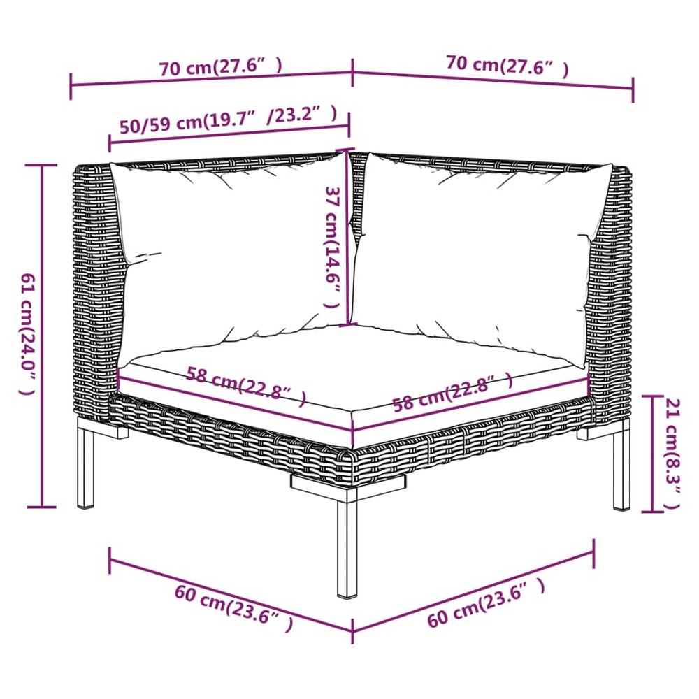 Salon de jardin meuble d'extérieur ensemble de mobilier 8 pièces avec coussins résine tressée gris foncé