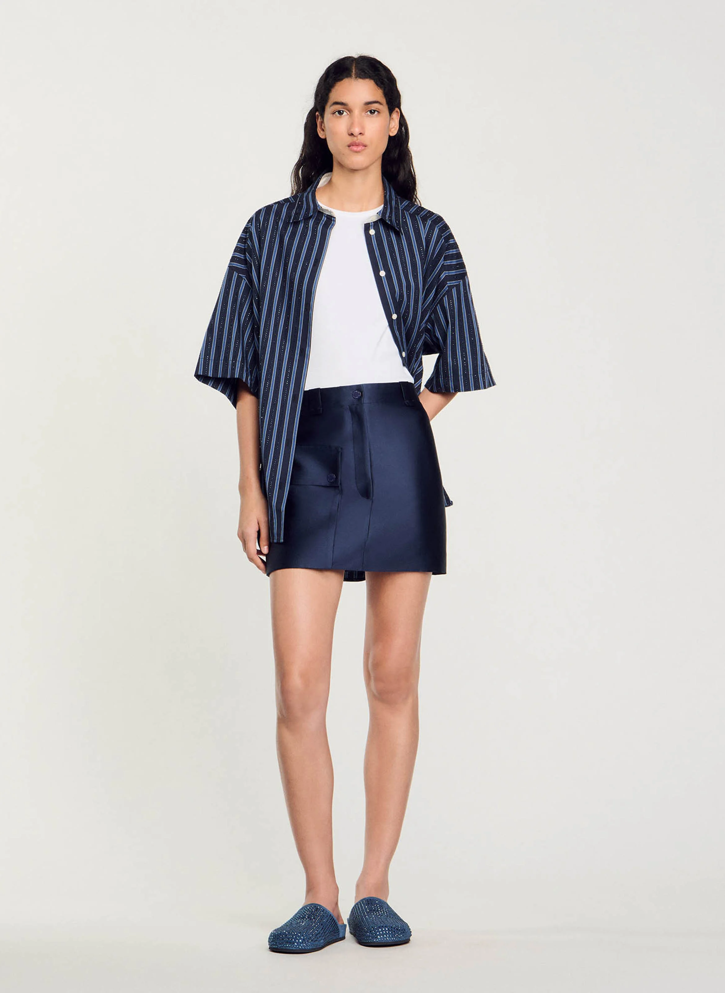 Jupe courte cargo satinée| Bleu