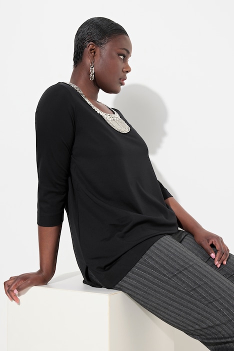 Shirt, Perlenstickerei, A-Linie, Rundhals, 3/4-Arm