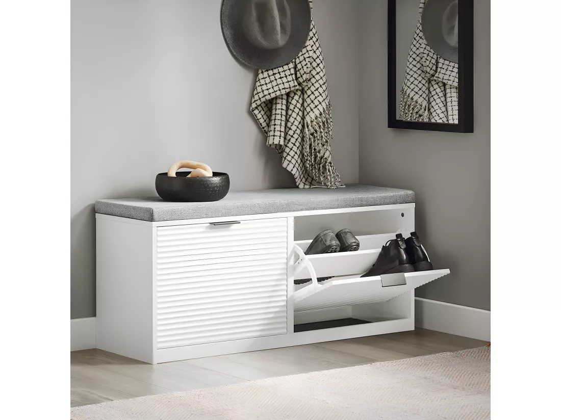 SoBuy Banc à Chaussures Banc d’Entrée Banc de Couloir Armoire à Chaussures avec 2 Abattants Meuble de Rangement pour Entrée avec Coussin Rembourré, 105 x 35 x 48 cm, Blanc, FSR147-W