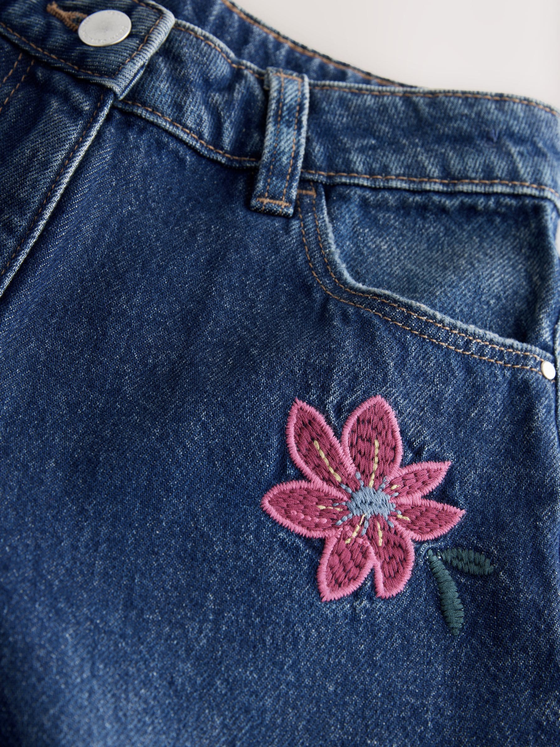 Normaal blauw - Jeans met rechte pijpen en bloemenborduursel (3-16jr)