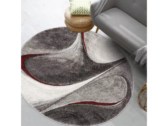tapis salon Ø140cm tissé rouge et gris rond motif géométrique MADILA