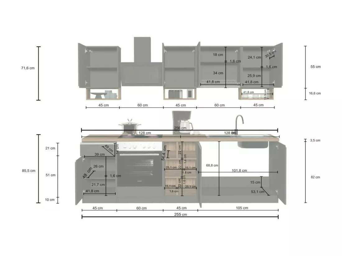 Cuisine complète Dcelient, Ensemble avec garde-manger, Meuble de kitchenette, Kit bloc linéaire, 100% Made in Italy, 255x60h85 cm, Blanc brillant et ardoise