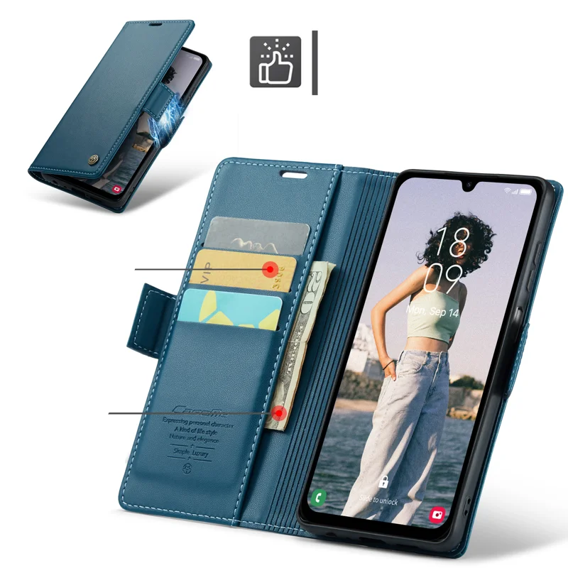 Samsung Galaxy A16 Leder Tasche Flip Wallet Etui mit Kartenfächern Litchi Look (RFID Schutz) - Blaugrün