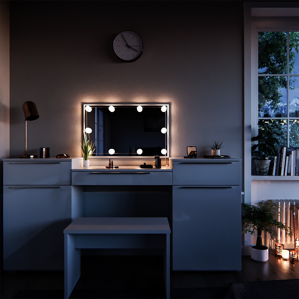 Vicco Schminktisch Lilli Frisiertisch Kommode Frisierkommode Spiegel Weiß inklusive Bank und LED-Lichterkette