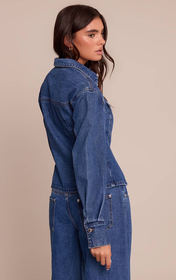 Bleu Foncé Veste En Jean Cintrée À La Taille Manches Longues