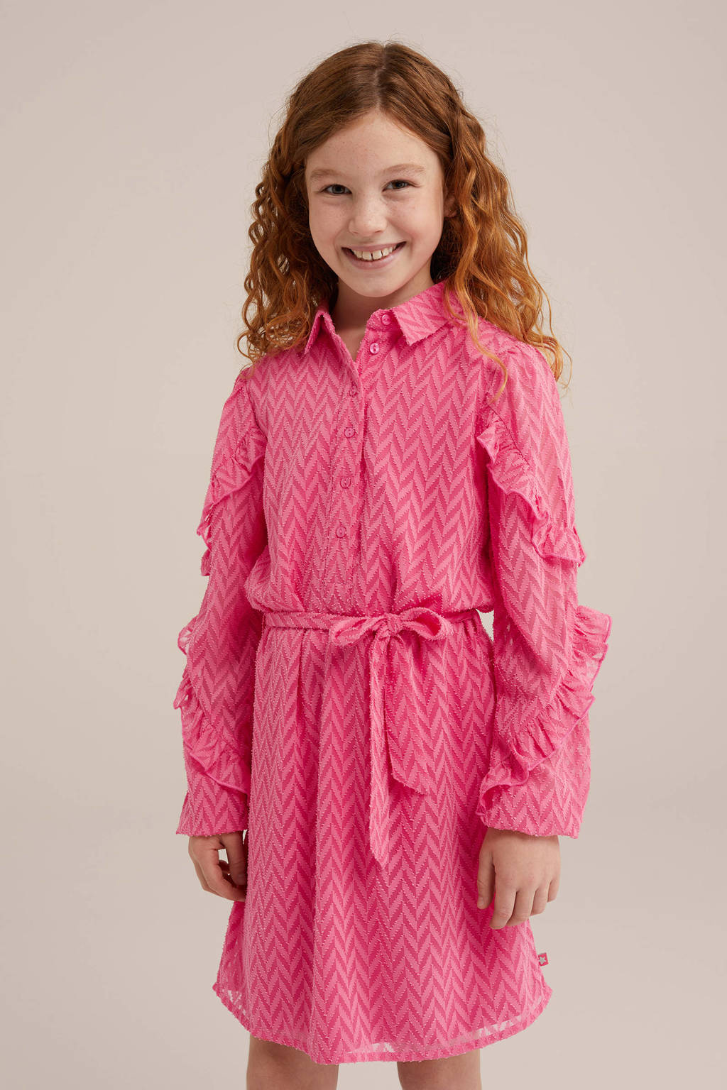 WE Fashion jurk met all over print en ruches roze/donkerroze