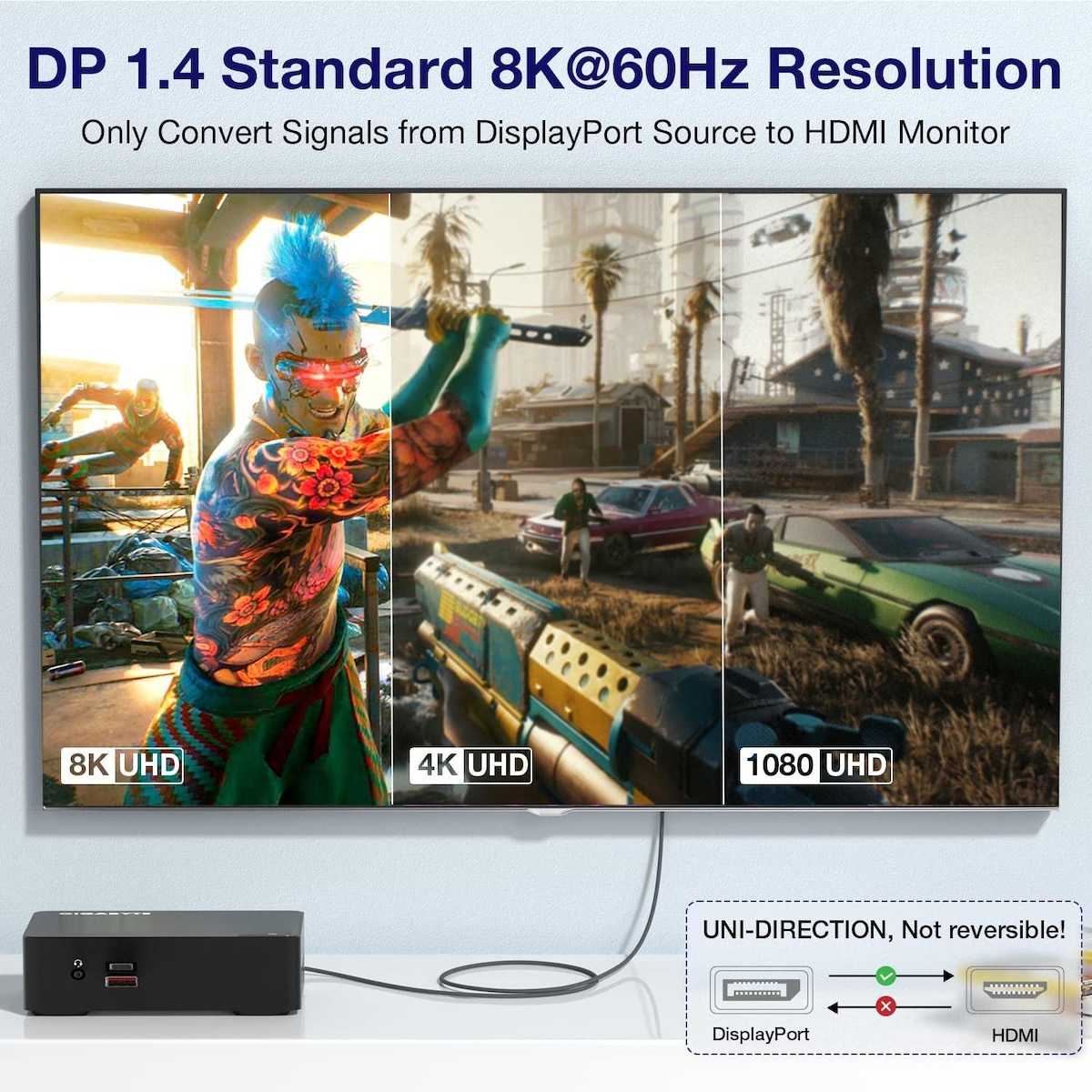 NÖRDIC 50 cm Displayport 1.4 til HDMI 2.1 8K60Hz 4K120/144Hz Dynamic HDR 32.4Gbps Dolby ATMOS
