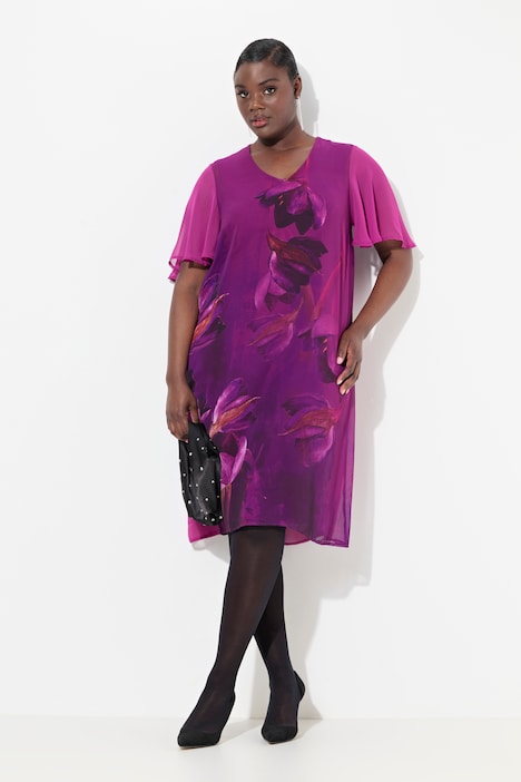 Kleid, Blüten, A-Linie, V-Ausschnitt, Cup-Halbarm