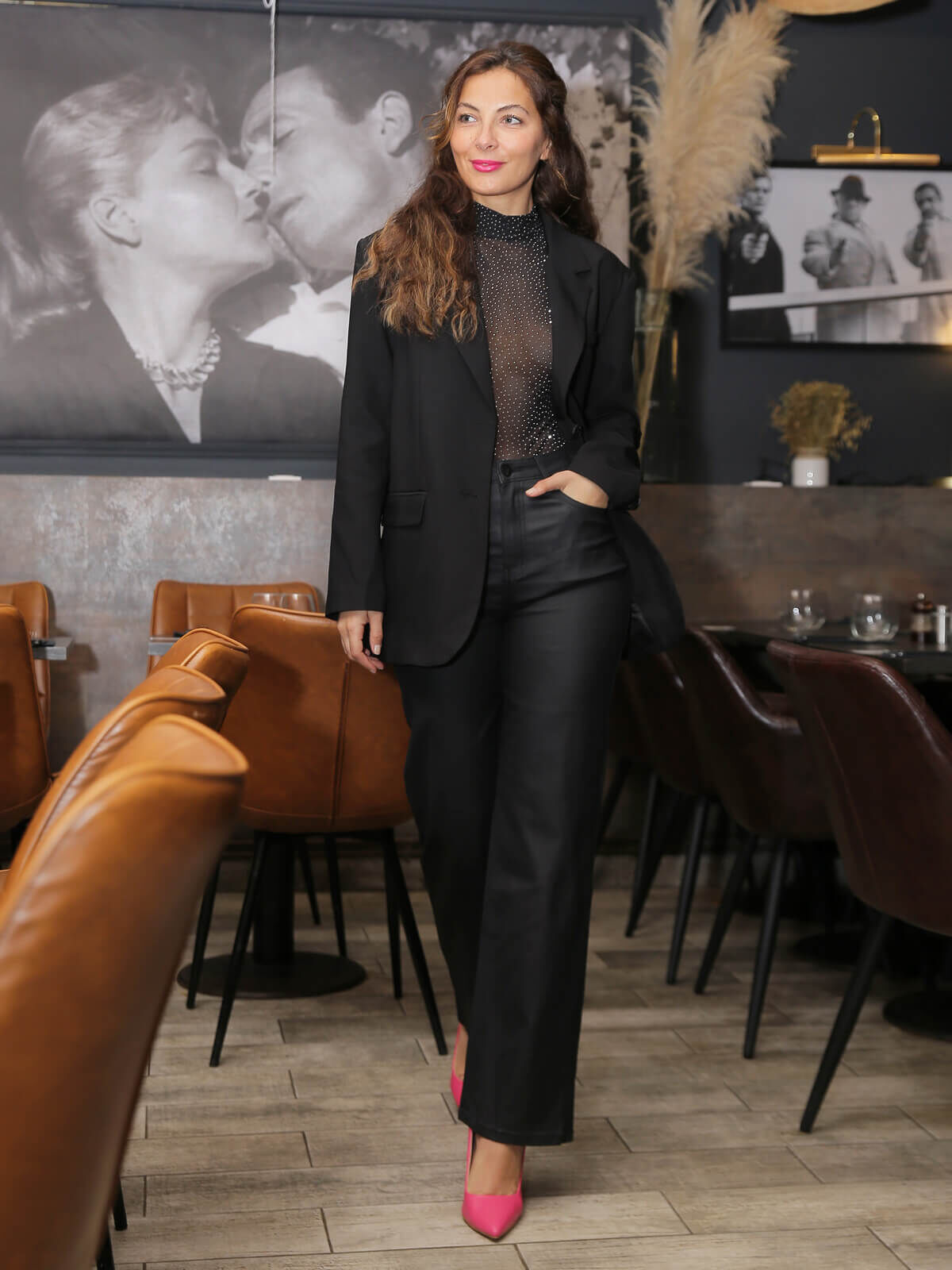 Pantalon droit enduit- Noir