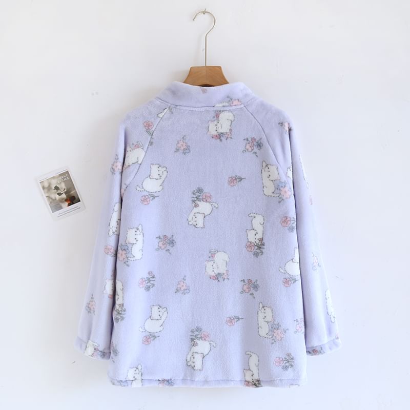 Dogini - Fleece pyjamatop met lange mouwen, opstaande kraag, patroon en knoopjes