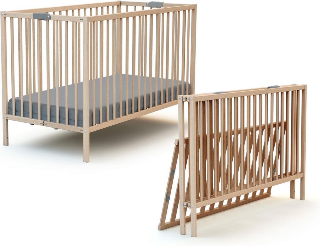 WEBABY - Lit bébé pliant 60 x 120 cm Blanc | Bois massif | Dès la naissance | Confort de couchage | Sommier à lattes | Compact | Transportable | Pliable | Gain de place | Lit de voyage