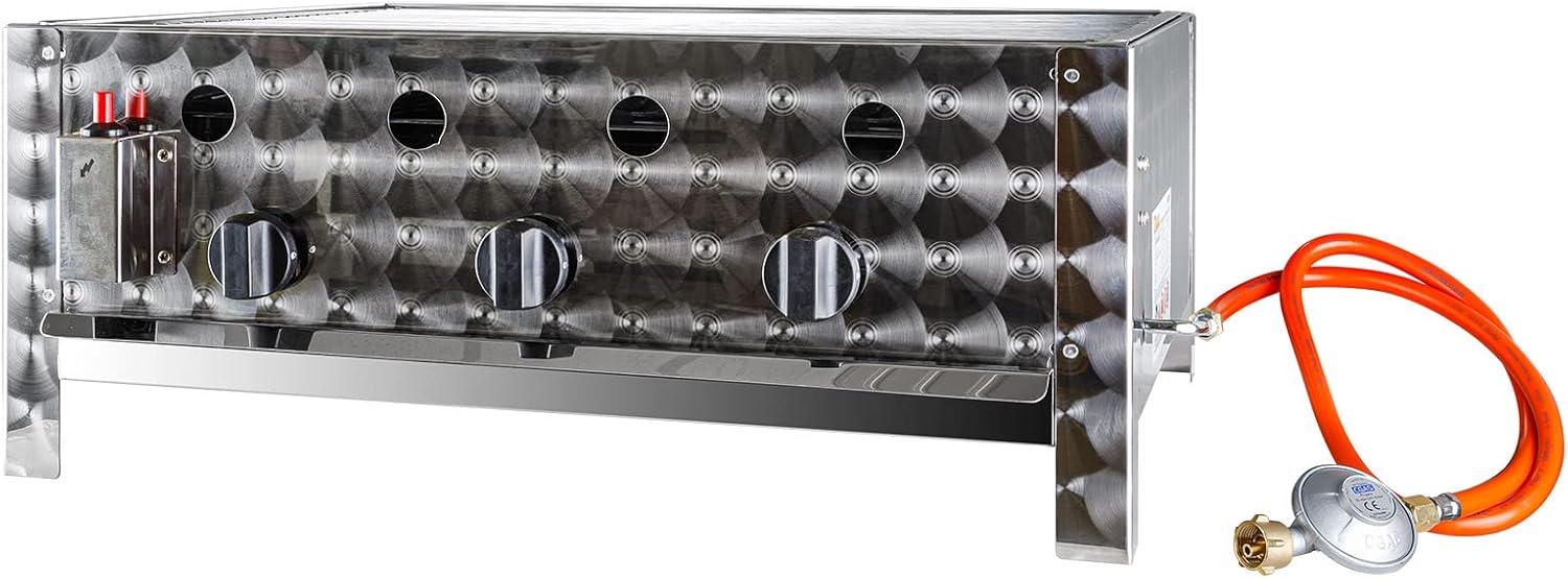 DEMA Edelstahl Gasbräter – 3-flammiger Gastrobräter mit 10 kW, Gasgrill & Tischgrill inkl. Grillrost