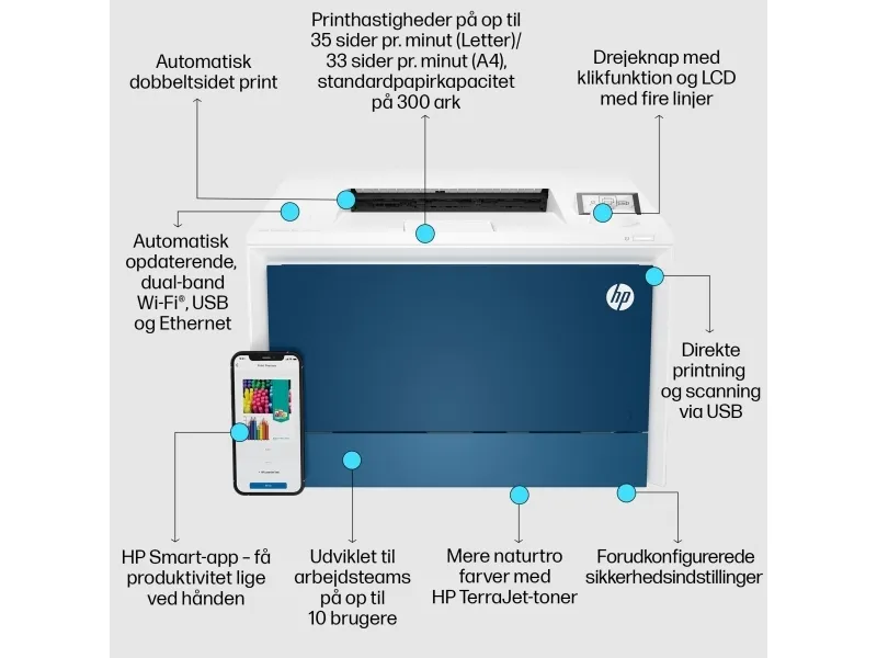 HP Color LaserJet Pro 4202dw - Printer - farve - Duplex - laser - A4/Legal - 600 x 600 dpi - op til 35 spm (mono) / op til 33 spm (farve) - kapacitet: 300 ark - Gigabit LAN, USB 2.0, USB vært, Wi-Fi(ac), Bluetooth LE