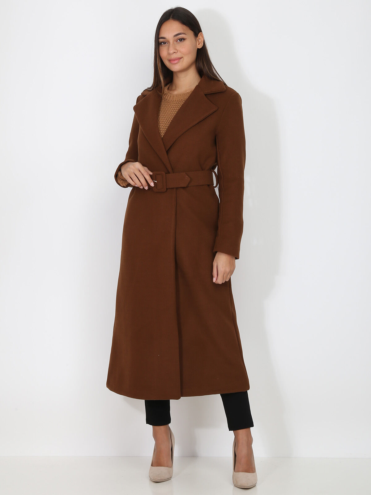 Manteau mi-long croisé et ceinturé- Marron