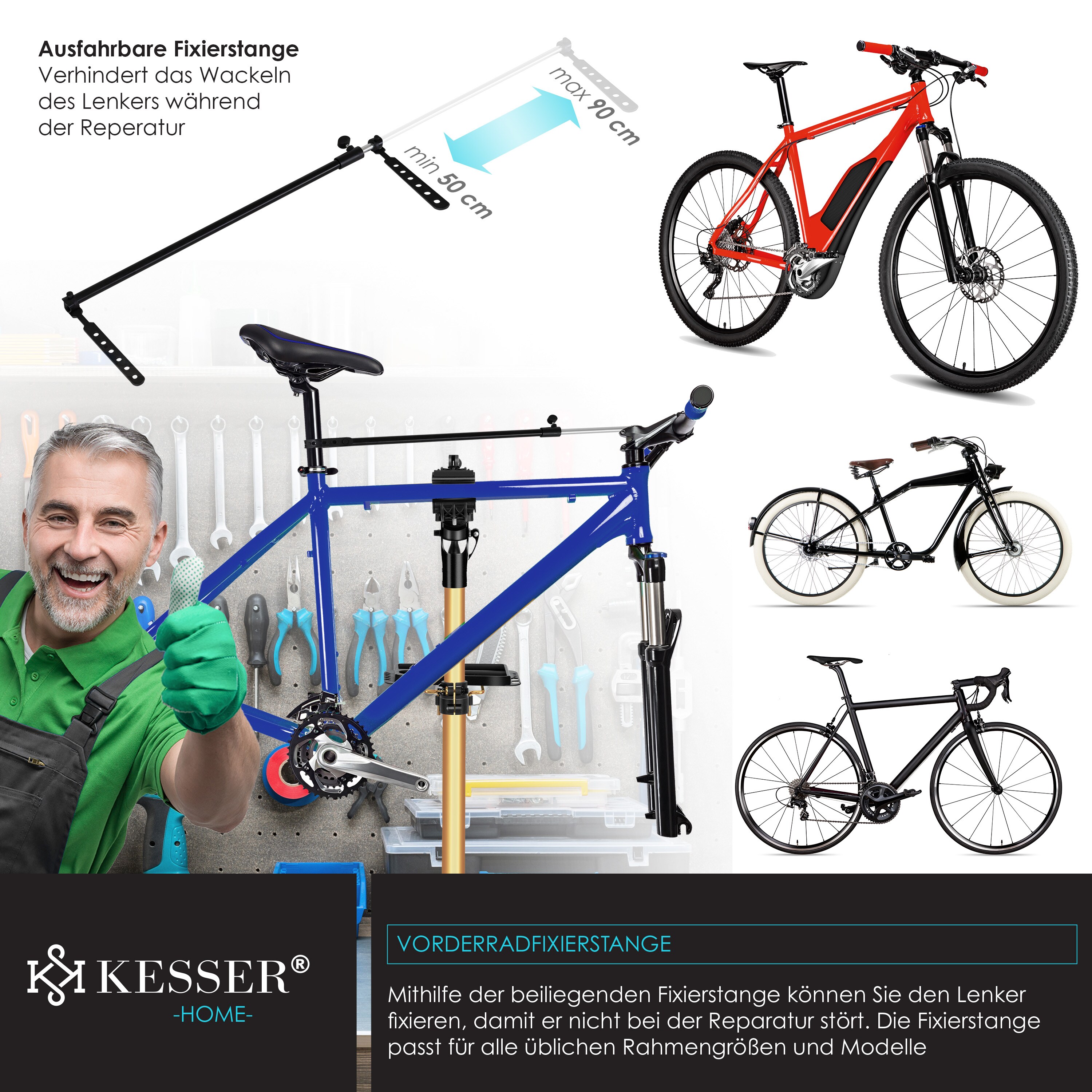 KESSER® Fahrradmontageständer Profi Reparaturständer Aluminium für Fahrräder Mountainbikes E-bike Schwerlast-Montageständer Fahrradständer+Tasche mit Schnelllösevorrichtungen Klemmkopf 360° drehbar