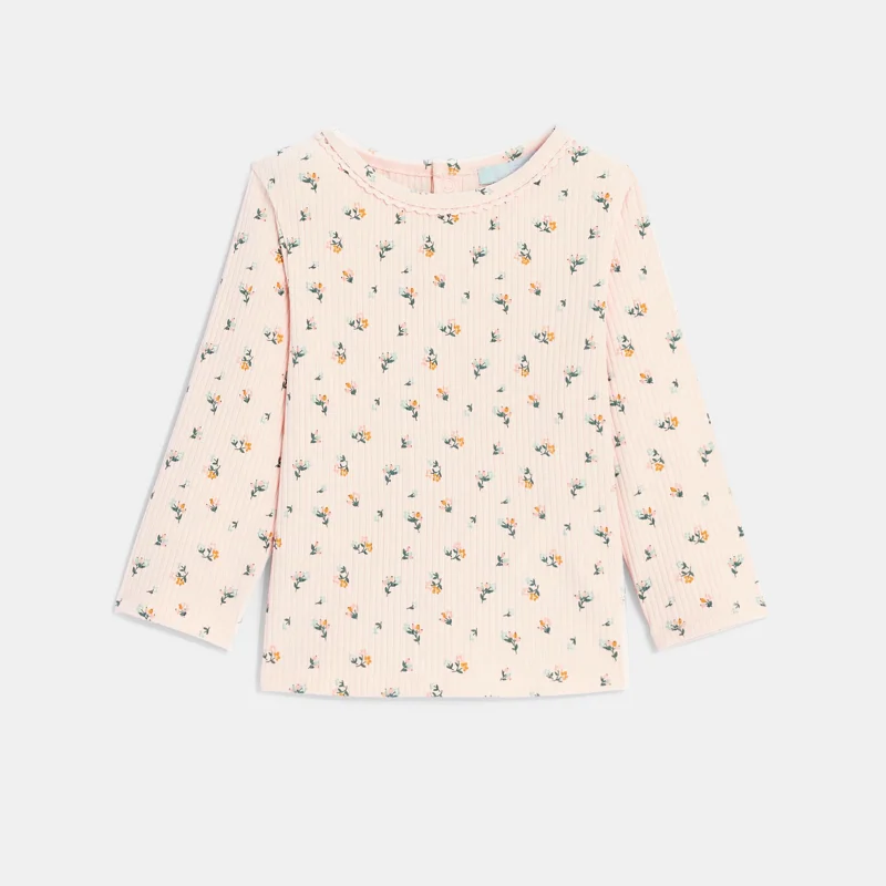 T-shirt fleuri coton côtelée rose bébé fille Rose