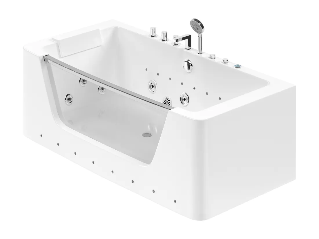 Baignoire balnéo vitrée semi-îlot à leds DYONA - 1 place - 260L - 170*85*58cm - Blanche