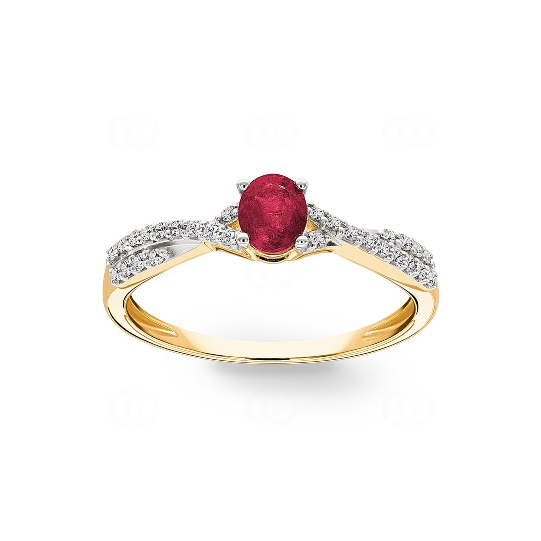Damenring 750/18 K Gelbgold mit Rubin oval und Diamanten 0.13 ct H/si