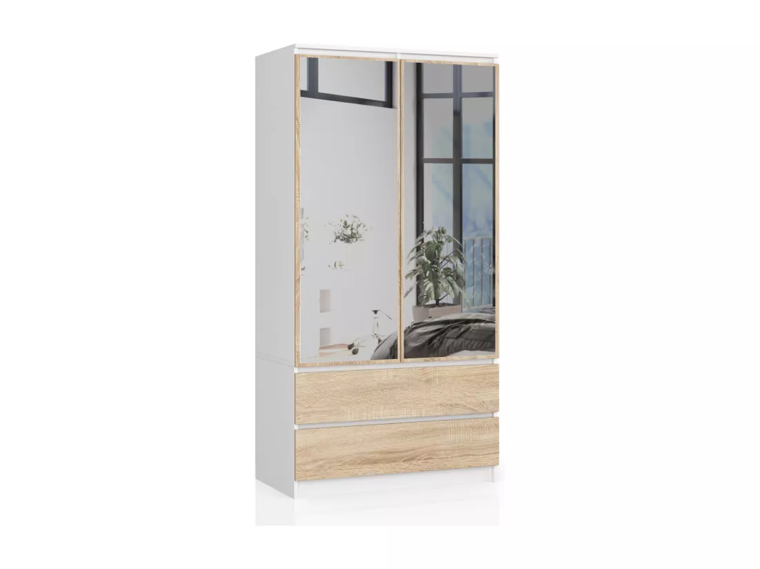 Armoire AKORD S90 avec miroir Blanche 90 cm 2 portes 2 tiroirs façade Chêne Sonoma 4 étagères 90x51x180 cm