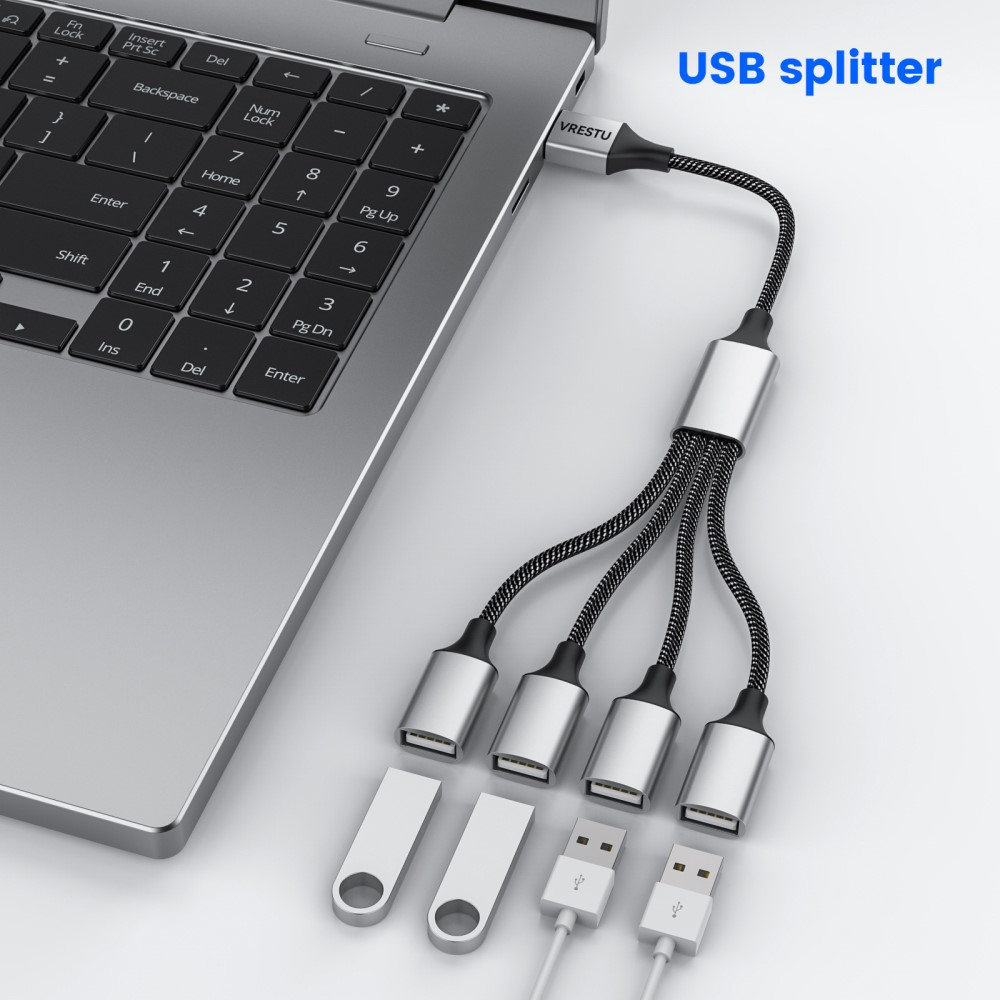 (30cm) USB auf 4-fach USB 2.0 Lade und Daten Adapter OTG Splitter Stecker mit Nylon Kabel (480 Mbit/s) - Silber