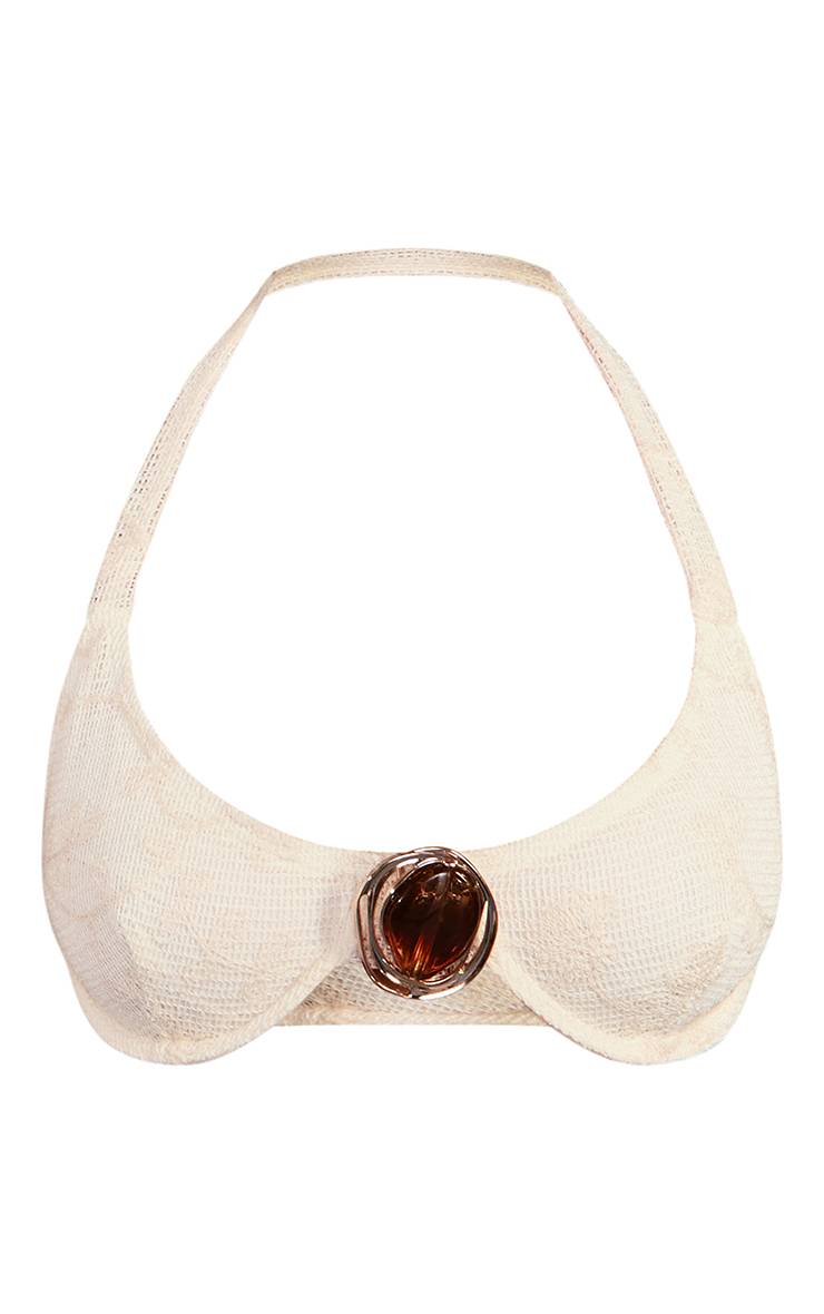 Crème Haut De Bikini À Armatures Avec Détails En Résille Texturée Et Ornements En Résine