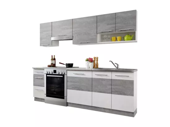 Cuisine LAX finition BETON et blanc mat 7 éléments 240 cm