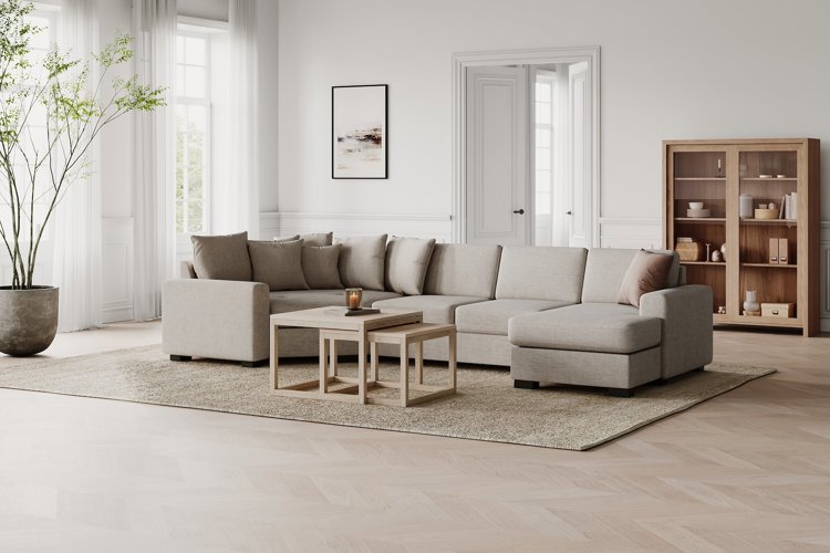 Modern Living hjørnesofa Cosy Corner venstre og 2-seter med sjeselong høyre. Tekstil Kall 9 Cappuccino med Arm A og ben 2 sortbeiset eik.