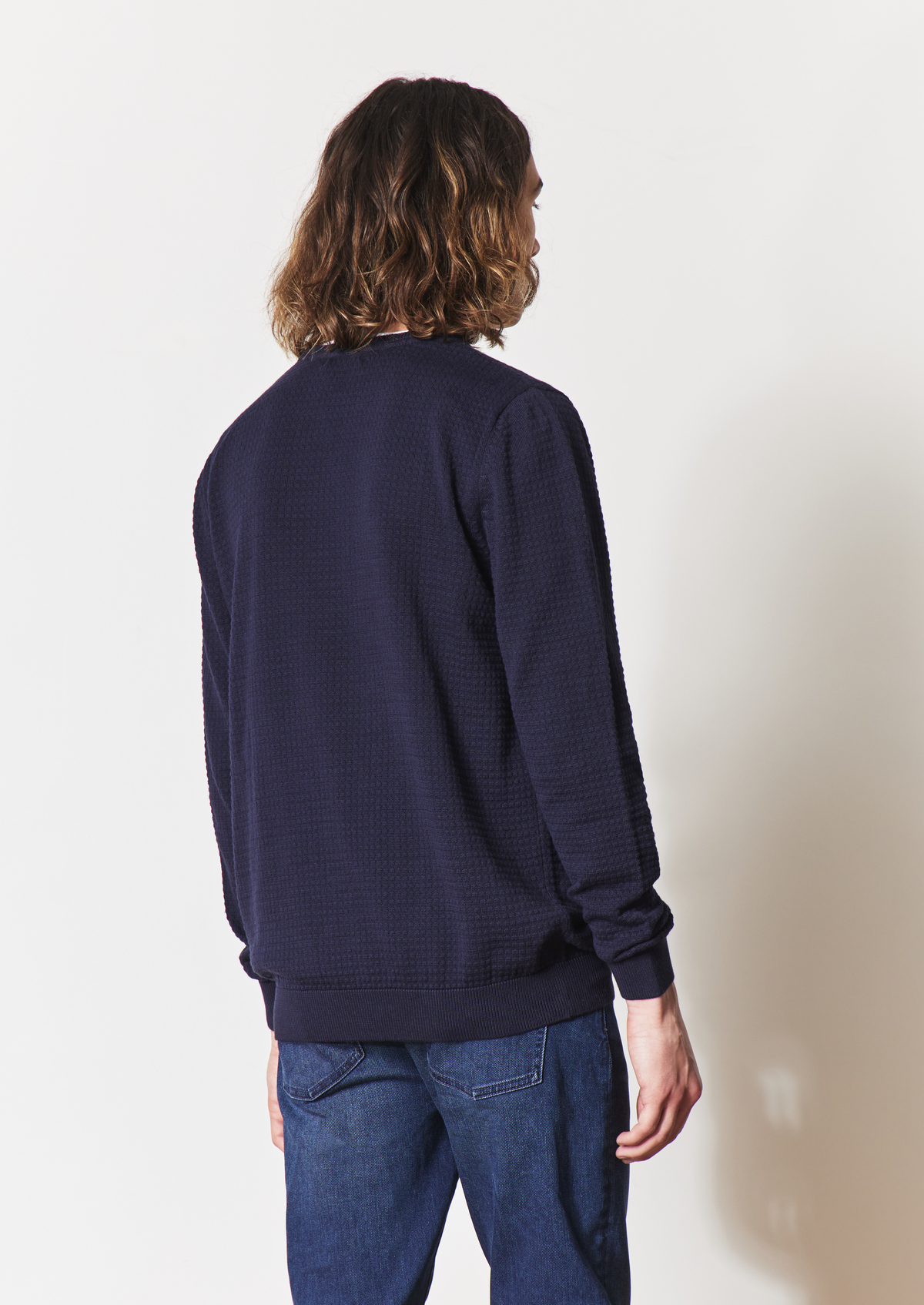 Pull col rond en coton uni bleu marine