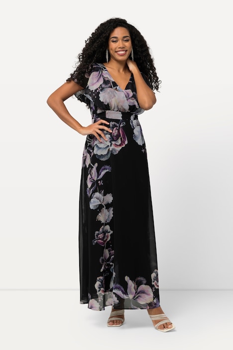 Maxikleid, Chiffon, Blüten, A-Linie, V-Ausschnitt, Ärmel-Volant