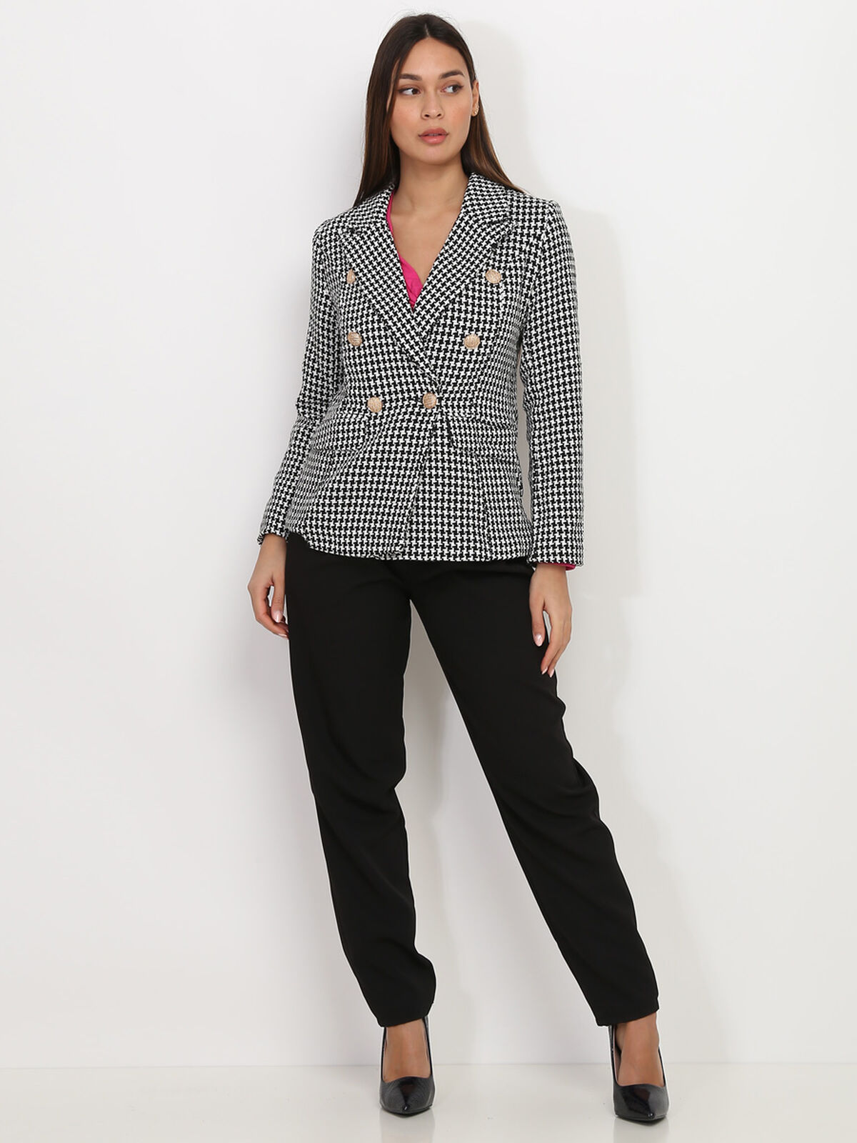 Blazer croisé en tweed avec boutons- Noir et Blanc