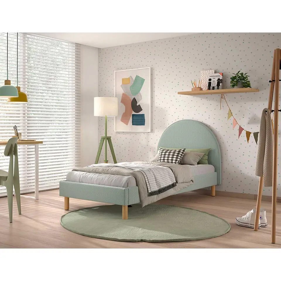 Eenpersoonsbed Maeva - 212x97x107 cm - Groene bouclé stof