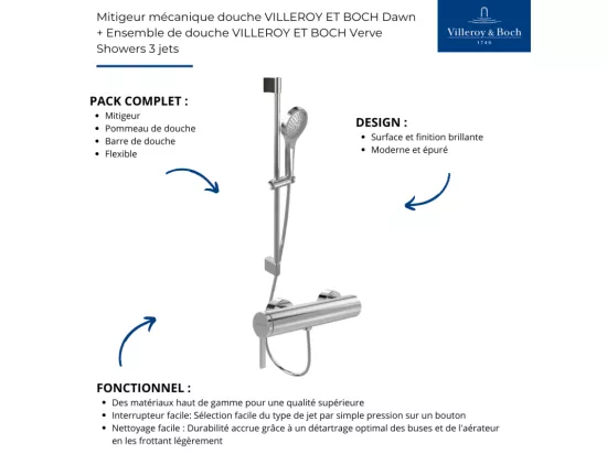 Mitigeur mécanique douche VILLEROY ET BOCH Dawn Chrome + Ensemble de douche VILLEROY ET BOCH Verve Showers 3 jets